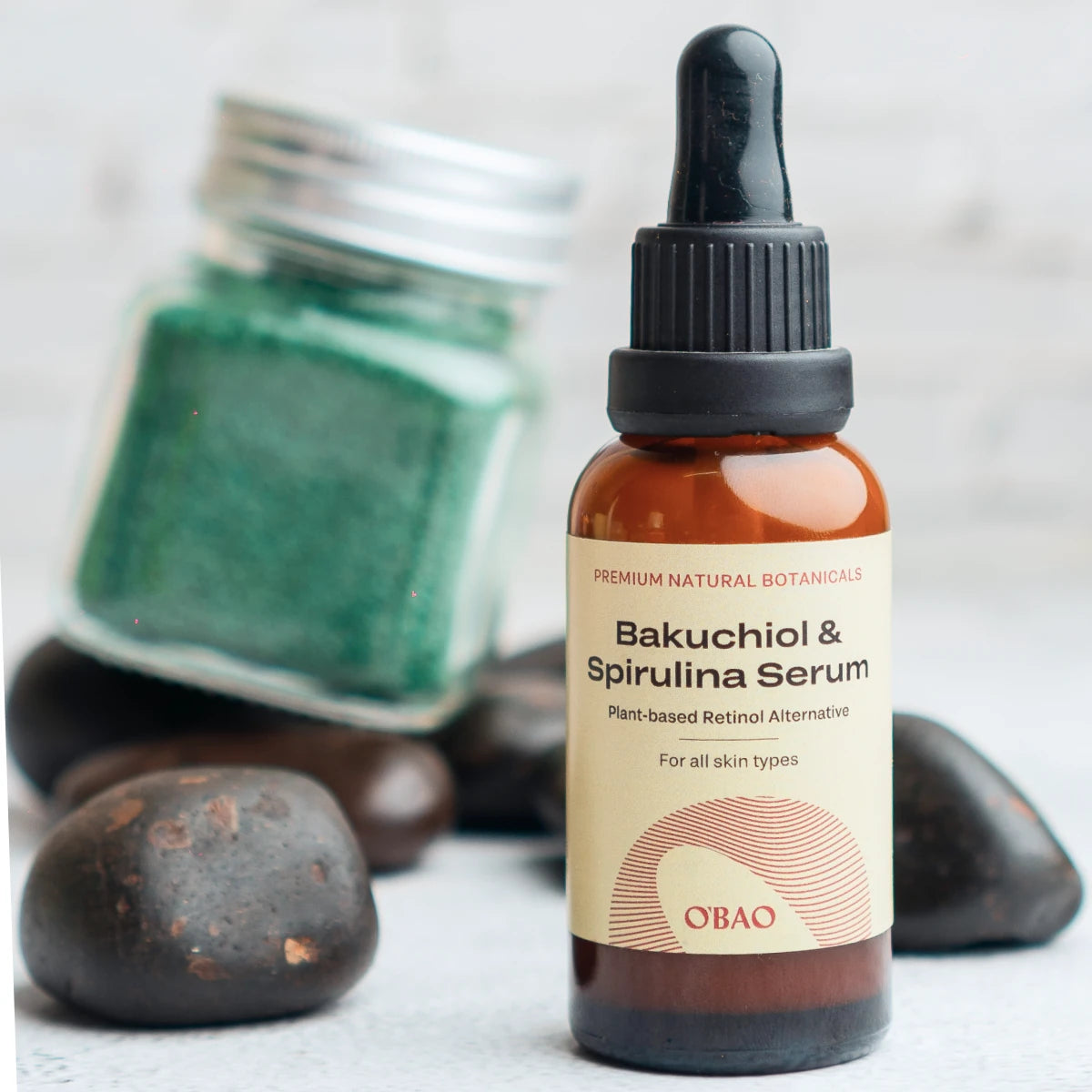 Bakuchiol and Spirulina serum bottle – natural anti-aging skincare solution