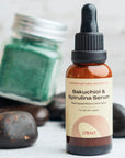 Bakuchiol and Spirulina serum bottle – natural anti-aging skincare solution